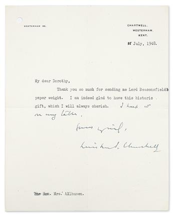 CHURCHILL, WINSTON S. Two Typed Letters Signed, W or WinstonS. Churchill, each with holograph closing and other additions, to Dorot